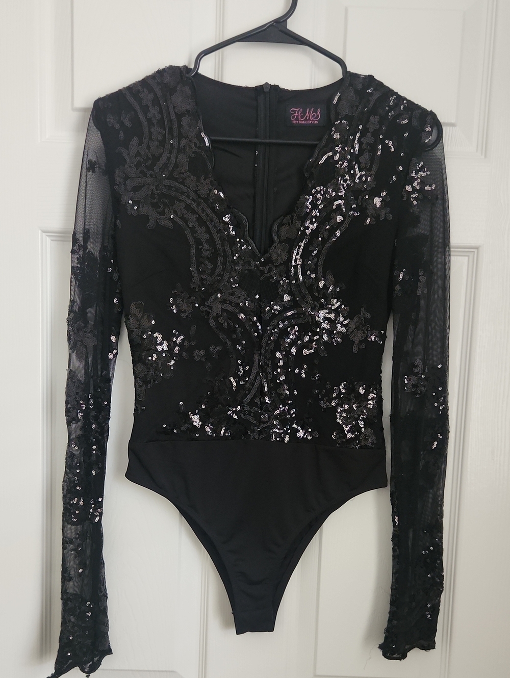 Hot Miami Styles Black Sequin Long-Sleeve Bodysuit
